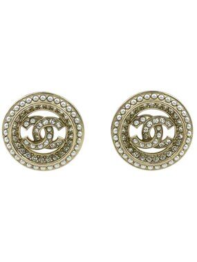 Chanel Earrings CC Logo Faux Pearl Rhinestone Gold
